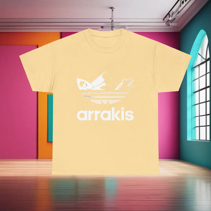 Arrakis Dune Graphic T-Shirt in soft yellow, designed with a unique fantasy artwork. A luxurious addition to your wardrobe for both casual outings and artistic expression.