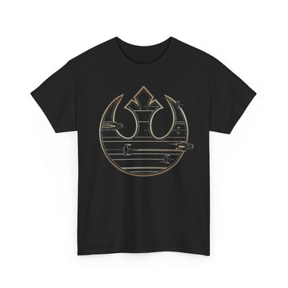Luxurious black unisex T-shirt featuring a chic Rebel Alliance emblem with stylized graphics, perfect for Star Wars enthusiasts looking to showcase subtle elegance.