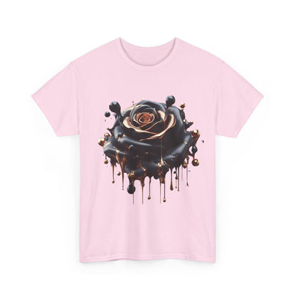 Front view of the Close-Up Abstract Rose Unisex Cotton Tee Graphic T Shirt in pink, displaying an exquisite black rose design with elegant drips.