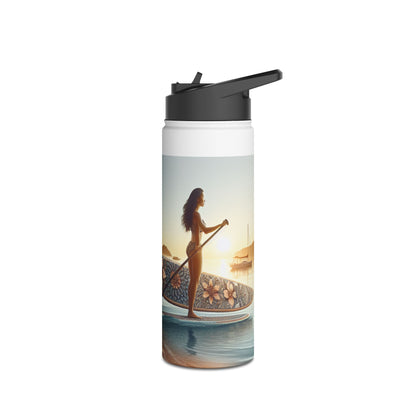 Elegant Fantasy Paddleboarding Stainless Steel Water Bottle illustrating a silhouette of a paddleboarder at sunset, perfect for stylish outdoor hydration.
