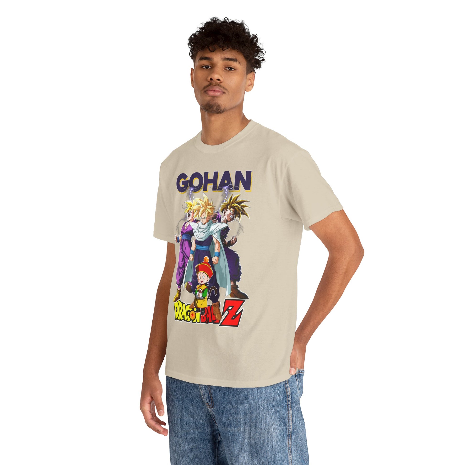 Man elegantly wearing the Gohan Ascends T-Shirt, featuring dynamic Dragon Ball Z artwork, perfect for any casual occasion.