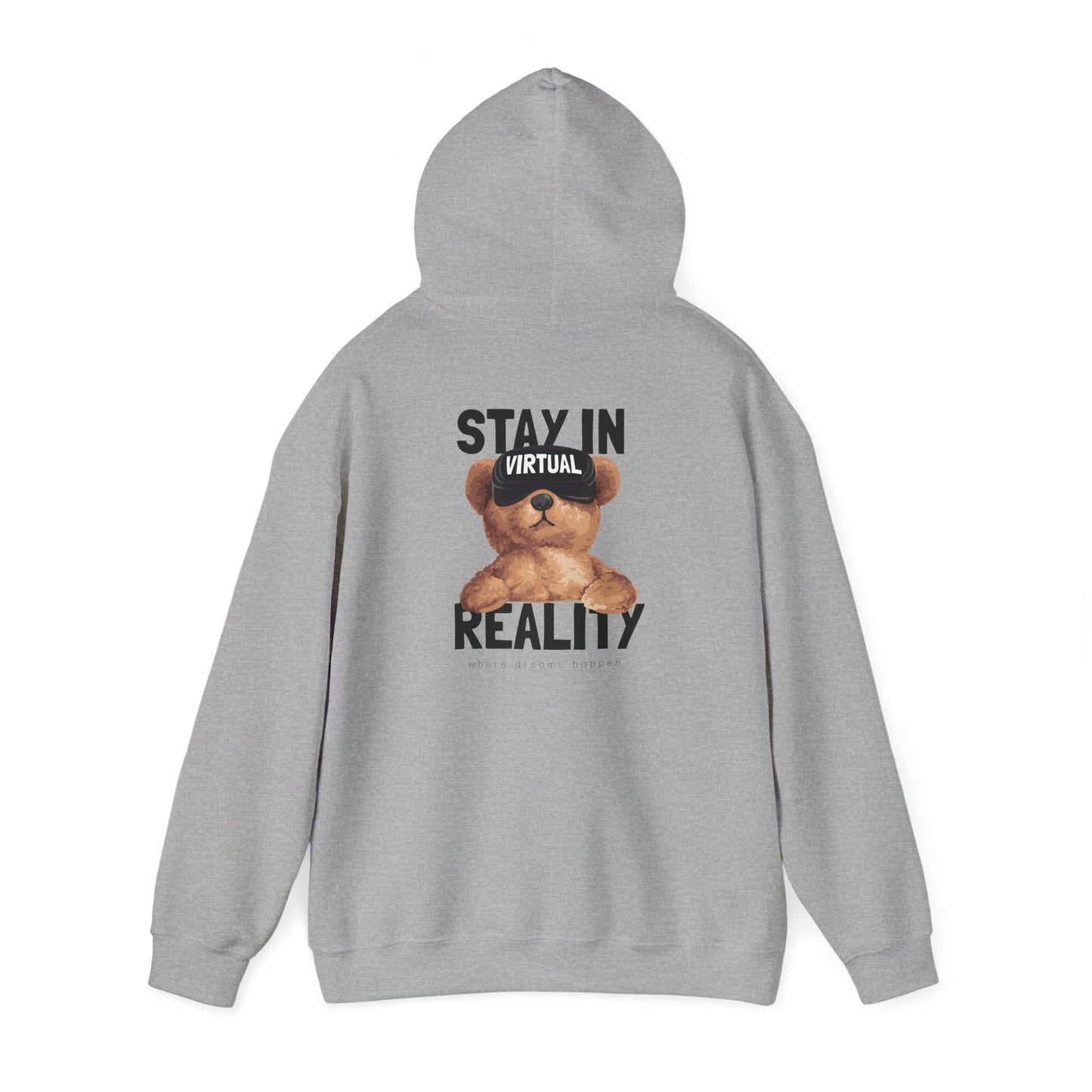 Chic grey hoodie with an eye-catching VR teddy bear design, promoting a sense of virtual escapism.