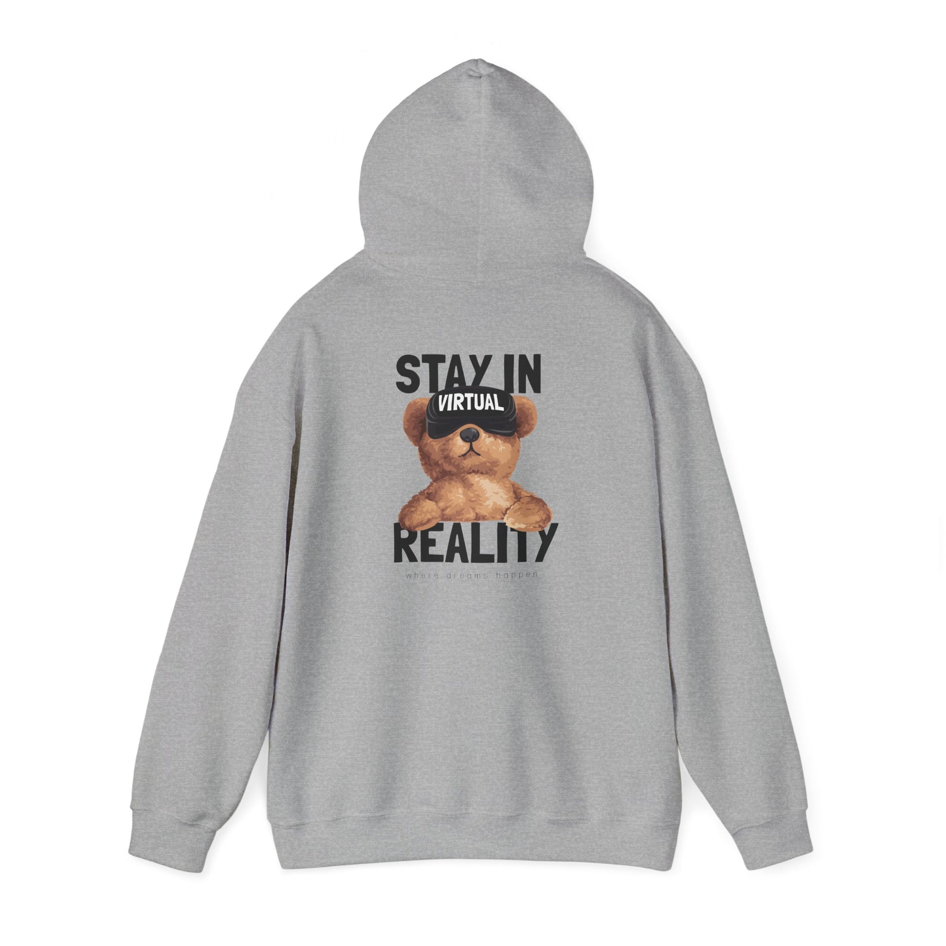 Chic grey hoodie with an eye-catching VR teddy bear design, promoting a sense of virtual escapism.