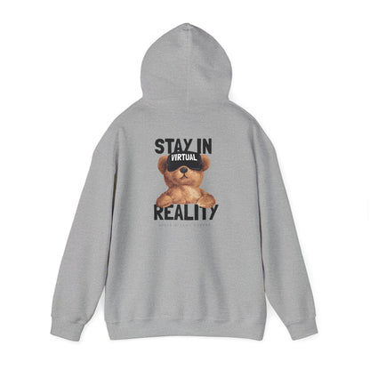 Chic grey hoodie with an eye-catching VR teddy bear design, promoting a sense of virtual escapism.