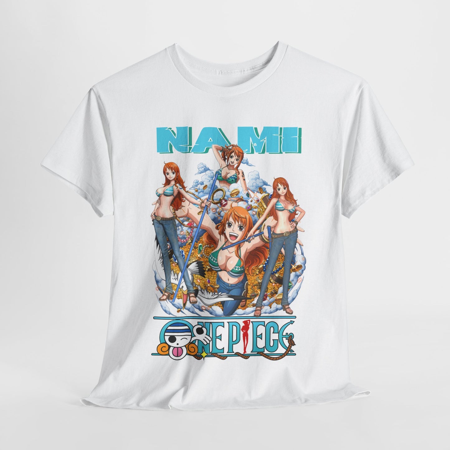 Artistic view of a luxurious white t-shirt featuring the exquisite Nami design from One Piece, radiating vibrant colours, perfect for casual elegance.