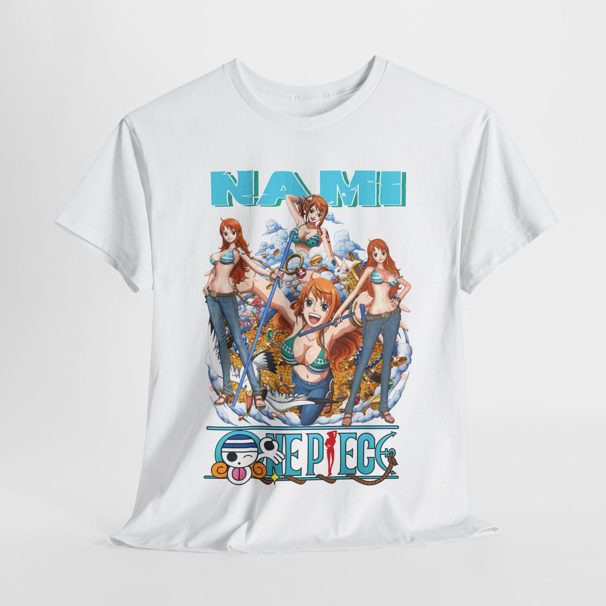 Artistic view of a luxurious white t-shirt featuring the exquisite Nami design from One Piece, radiating vibrant colours, perfect for casual elegance.