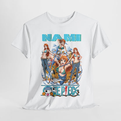 Artistic view of a luxurious white t-shirt featuring the exquisite Nami design from One Piece, radiating vibrant colours, perfect for casual elegance.