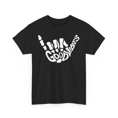 Stunning black t-shirt featuring a unique skeletal hand gesture design with the text 'Good Vibes', exuding boldness and style.
