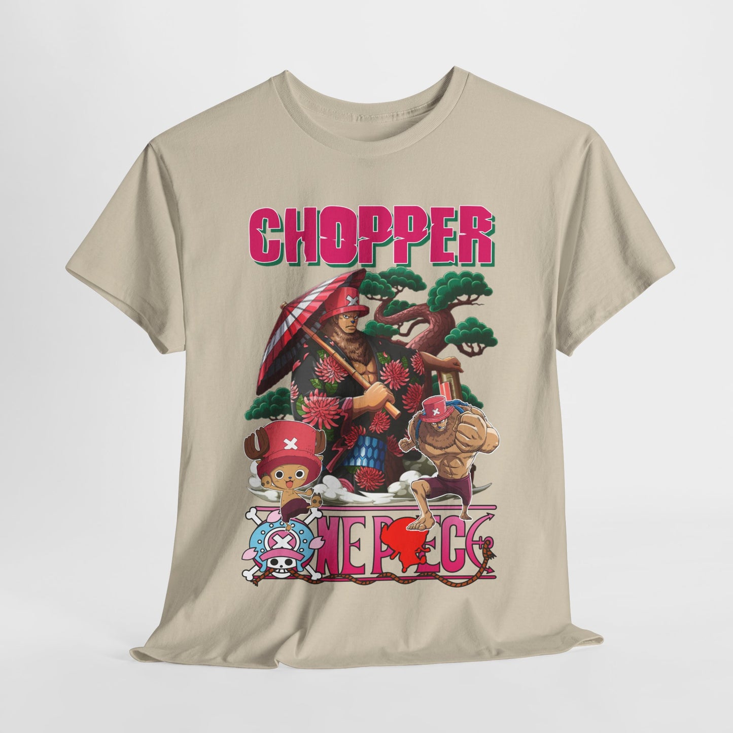 Luxurious graphic t-shirt featuring Chopper and friends from anime, showcasing vibrant colours and intricate art design on soft beige fabric.