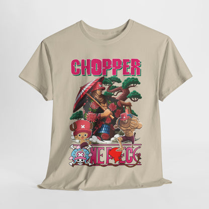 Luxurious graphic t-shirt featuring Chopper and friends from anime, showcasing vibrant colours and intricate art design on soft beige fabric.