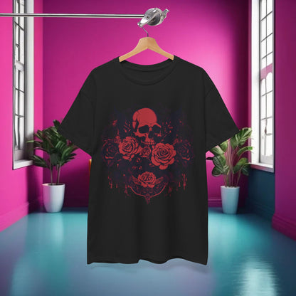 Skulls and Roses Cotton Tee displayed on a hanger in a vibrant room, featuring a striking steampunk design with skulls and roses, perfect for alternative fashion.