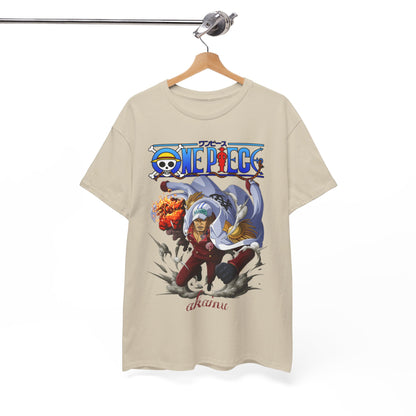 Chic One Piece Akainu t-shirt showcased on a hanger, illustrating bold artwork and premium design, a must-have for discerning anime lovers.
