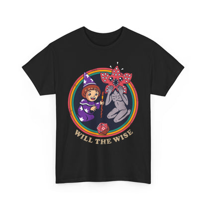 Elegant graphic tee featuring a whimsical illustration of a wizard girl and a creature, set against a vibrant rainbow ring, showcasing the phrase 'WILL THE WISE'.