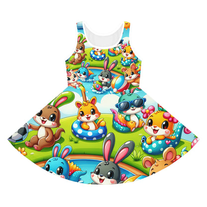 Lila Petitjean Summer Sundress featuring whimsical mythical creatures in vibrant colours, crafted by Dazzling Dreams Studio, perfect for little girls' summer fashion.