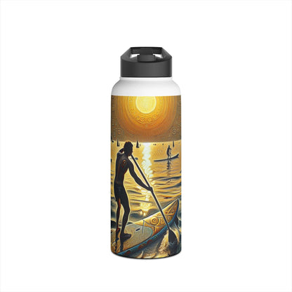 Fantasy Paddleboarding Stainless Steel Water Bottle with a sleek design and vibrant paddleboarding graphics against a sunset backdrop, ideal for hydration on the go.