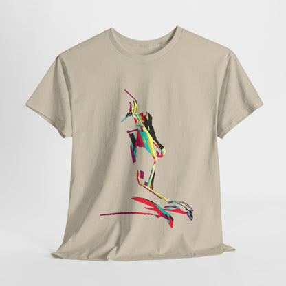 Luxurious beige graphic t-shirt featuring a vibrant pop art illustration of a stylised female silhouette, perfect for adding a playful and chic touch to any outfit.