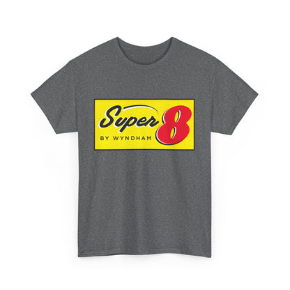 Front view of the Super 8 Retro Logo Unisex Graphic Tee adorned with the iconic Super 8 logo, set against a dark grey base, epitomising vintage charm and modern elegance.