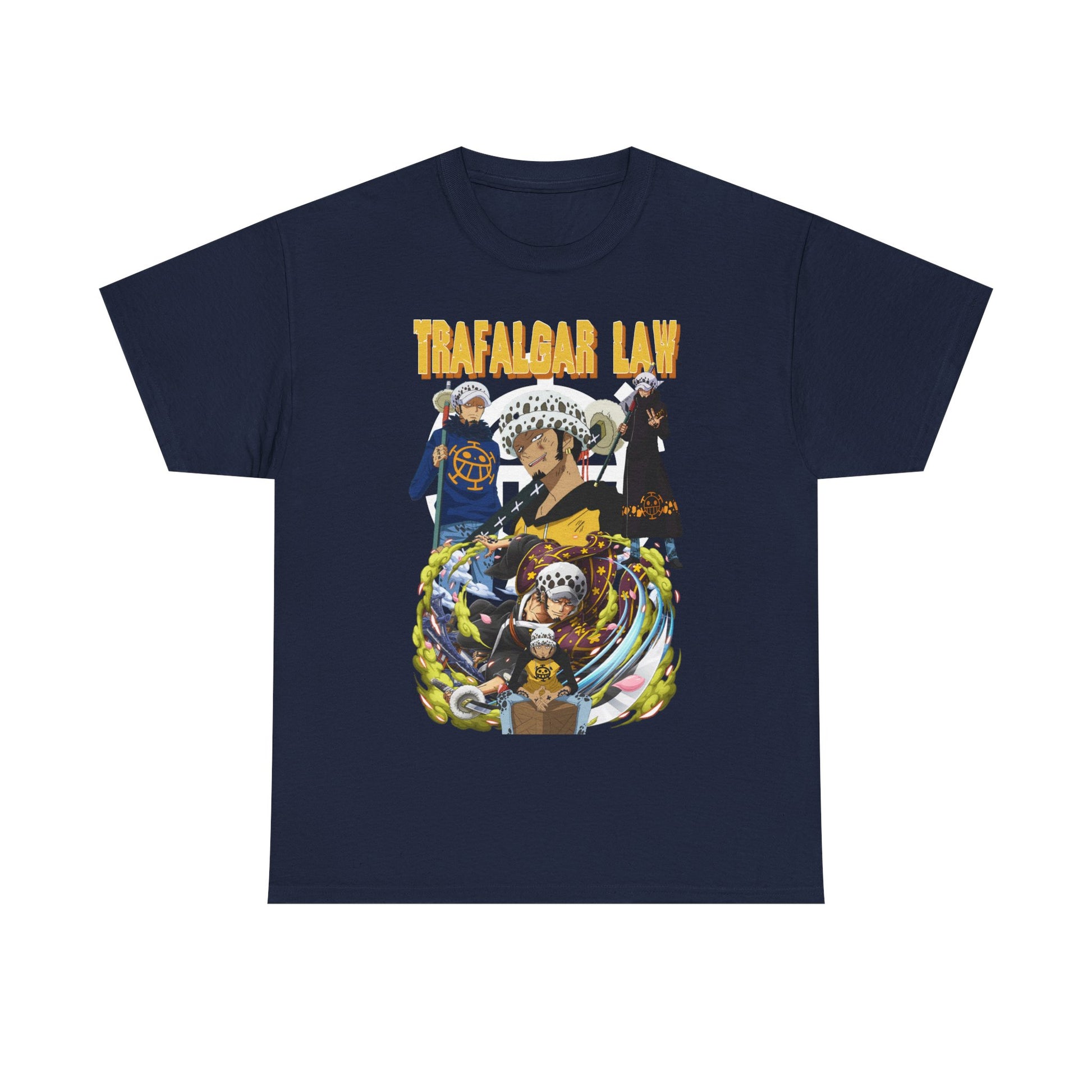 Sophisticated navy T-shirt with dynamic Trafalgar Law design from One Piece, combining quality fabric and bold artistry for discerning fans.