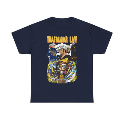 Sophisticated navy T-shirt with dynamic Trafalgar Law design from One Piece, combining quality fabric and bold artistry for discerning fans.
