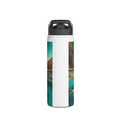 Chic Fantasy Paddleboarding Stainless Steel Water Bottle displaying a captivating coastal landscape with paddleboarding and dramatic clouds, perfect for elegant hydration.