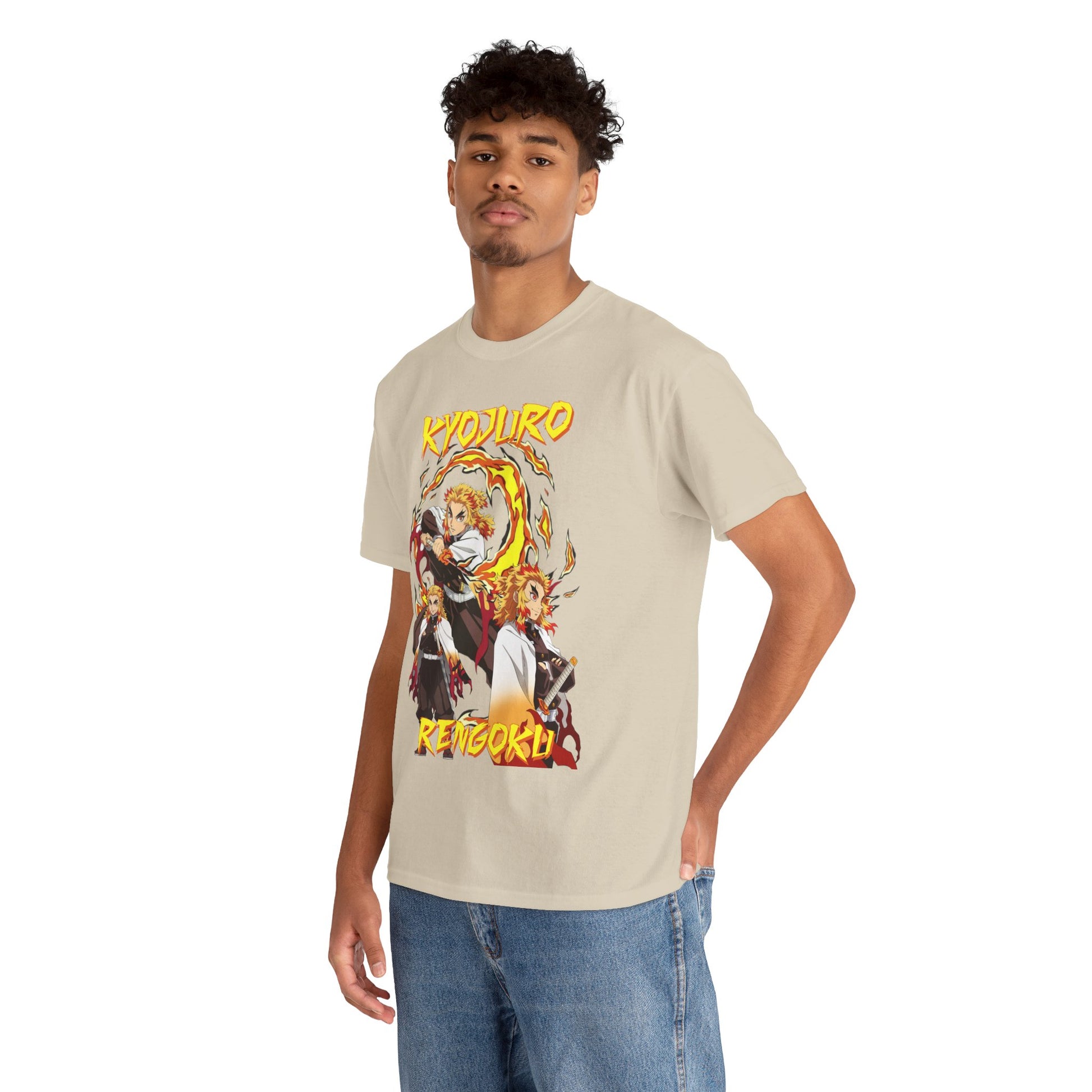 Kyojuro Rengoku Anime T-Shirt featuring a striking illustration of the Flame Hashira surrounded by swirling flames, designed for anime enthusiasts seeking a statement piece.