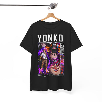 Stylish One Piece Yonko t-shirt on a wooden hanger, showcasing a captivating design with Shanks, Kaido, Big Mom, and Blackbeard, ideal for fashionable streetwear.