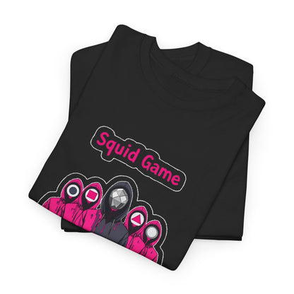 Squid Game Unisex Men’s Women’s Graphic Cotton Funny T-Shirt Tee, elegantly folded, presenting an eye-catching design of pink-hooded figures on a classic black background.