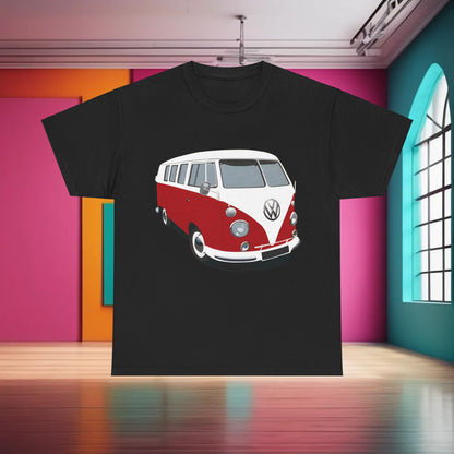 VW Camper Van Graphic T-Shirt Urban Unisex Cotton Tee styled on a hanger against a vibrant, artistic background.