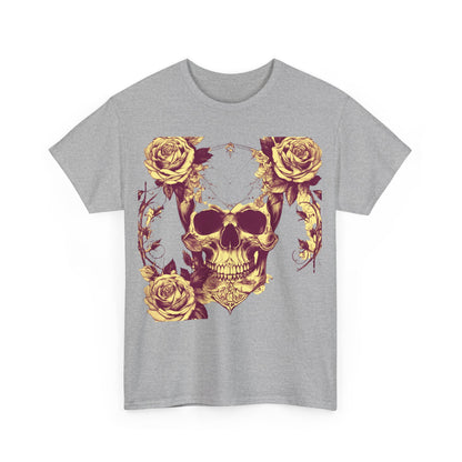 Front view of the Skulls and Roses Cotton Tee in grey, featuring a stunning skull and roses graphic, perfect for making a bold fashion statement.
