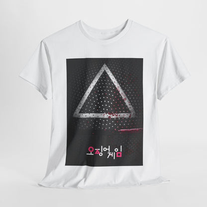 Luxury Squid Game Unisex Men´s Women´s Graphic Cotton Funny T Shirt Tee featuring a striking triangle design in a modern aesthetic, perfect for fashion-forward individuals.