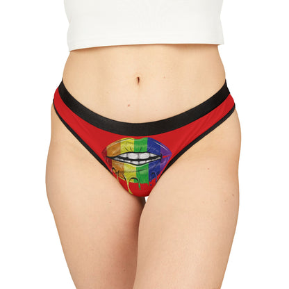 Luxury women's graphic thong featuring vibrant red fabric with a playful multicoloured lip design, ideal for romantic gifts and cheeky celebrations.