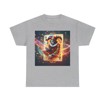 Unisex Harlequin Playing Card Graphic Tee - Premium Quality Cotton Blend T-Shirt in grey, highlighting a dynamic harlequin pattern and renowned playing card imagery.