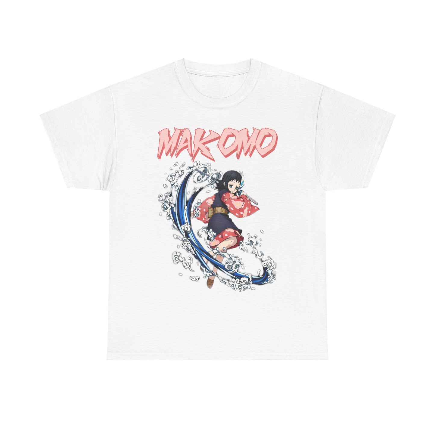 Elegant white Makomo anime T-shirt showcasing a vibrant illustration of the character in an action pose, surrounded by artistic water motifs and highlighted with distinctive pink typography.