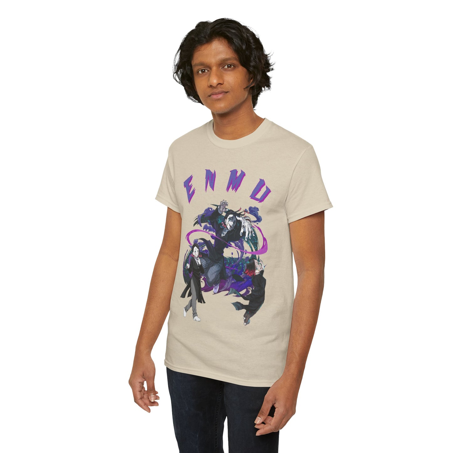 Another model elegantly presenting the Enmu-inspired t-shirt featuring captivating character design, showcasing high-quality materials and a stylish silhouette.