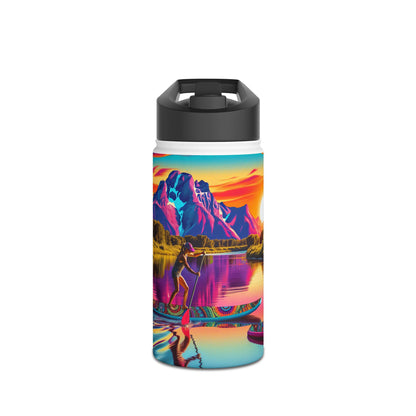 Luxury Fantasy Paddleboarding Stainless Steel Water Bottle featuring vibrant artwork of a paddleboarder against a stunning mountain backdrop, perfect for outdoor adventures.