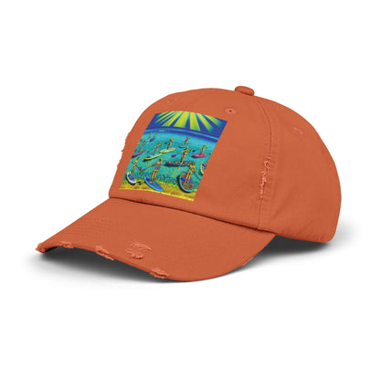 Unisex Distressed Paddleboarders Cap in burnt orange, showcasing a trendy paddleboarding design, perfect for luxurious outdoor adventures.