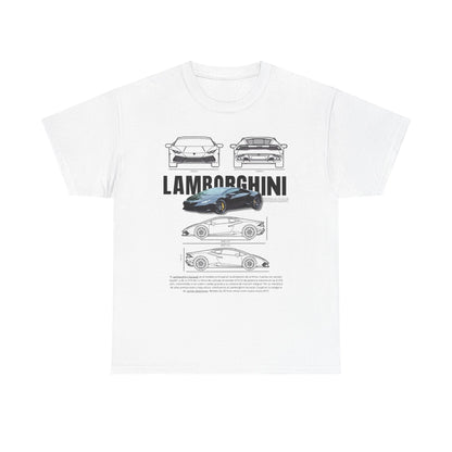 Elegant white unisex men's T-shirt design with Lamborghini Huracán technical drawing, displaying detailed specifications and the car's captivating silhouette.