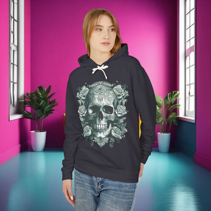 Skull and Roses Lightweight Hoodie displayed in a stylish indoor setting, featuring a striking skull and rose design. Embrace edgy fashion with this unisex designer sweatshirt.