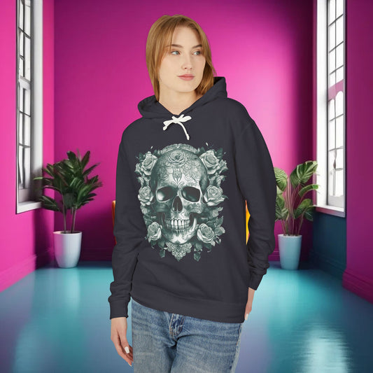 Skull and Roses Lightweight Hoodie, Unisex Edgy Designer Sweatshirt, Hipster