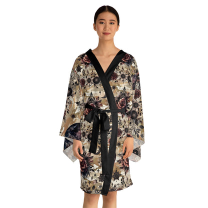 Elegant Floral Kimono Robe for Women showcasing a stunning floral design, featuring long bell sleeves and a flattering belt tie, perfect for luxurious lounging.