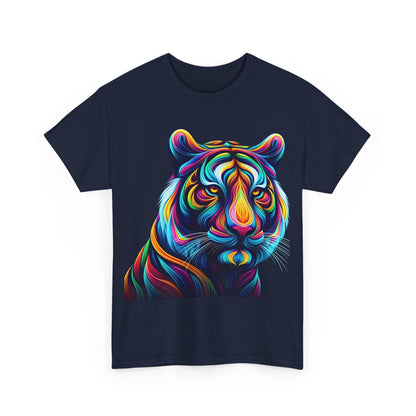 Front view showcasing an artistic kaleidoscope tiger design on the Tiger's Whimsy Graphic Unisex T-Shirt, a statement piece for stylish creativity.
