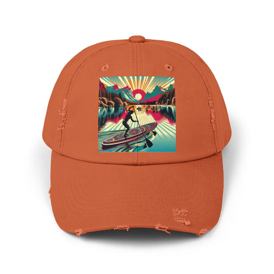 Unisex Distressed Paddleboarders Cap in rustic orange, featuring a captivating paddleboarder graphic, embodying an adventurous and stylish vibe for outdoor lovers.