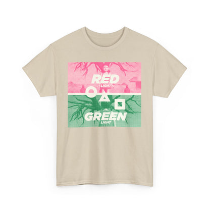 Squid Game Unisex Men´s Women´s Graphic Cotton Funny T Shirt Tee featuring a vibrant design with the text 'RED LIGHT' and 'GREEN LIGHT' against a striking pink and green background, embodying the essence of street urban fashion.