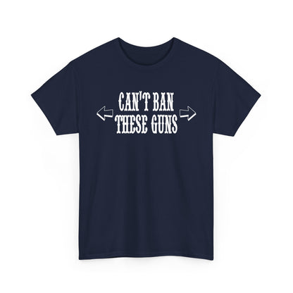 Luxurious navy blue men's T-shirt featuring a bold motivational design reading 'CAN'T BAN THESE GUNS' with dynamic arrow accents, perfect for gym enthusiasts and strength advocates.