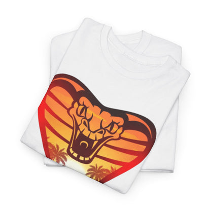 Premium Cobra Kai t-shirts folded elegantly, displaying the iconic snake logo in warm tones against soft fabric, perfect for chic martial arts fans.