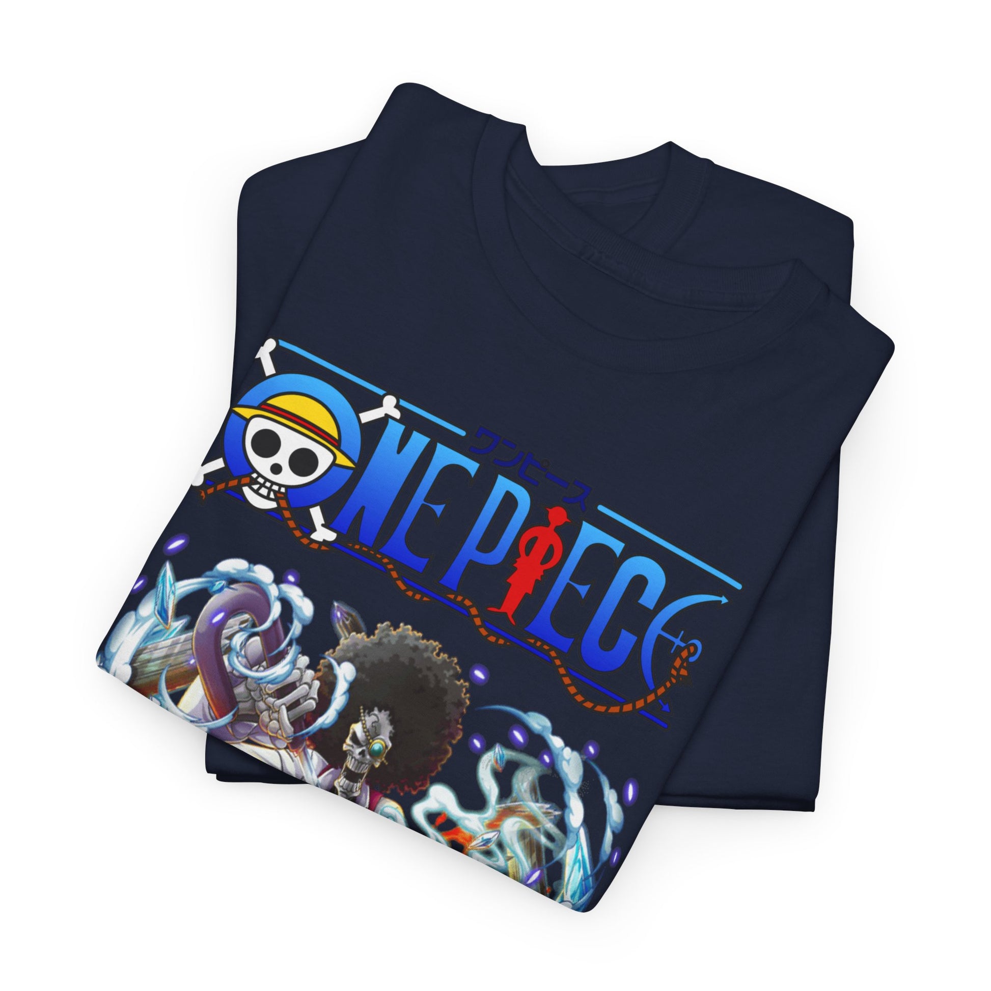 Sophisticated front view of a navy blue t-shirt portraying Brook from One Piece in an artistic style, encapsulating anime culture and high-end fashion.