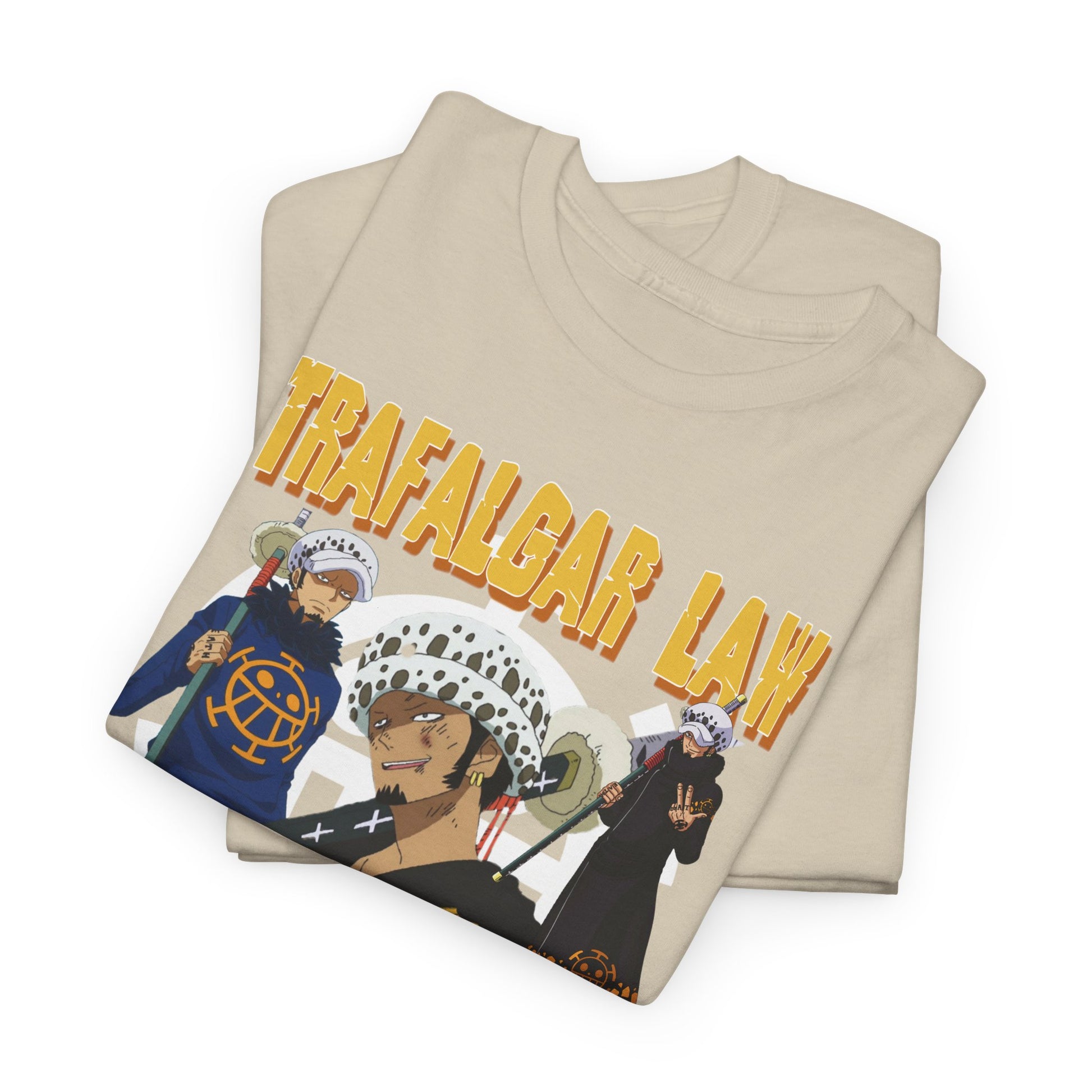 Premium Trafalgar Law T-Shirt neatly folded, showcasing exquisite anime graphic art, ideal for stylish appearances and comfortable wear.