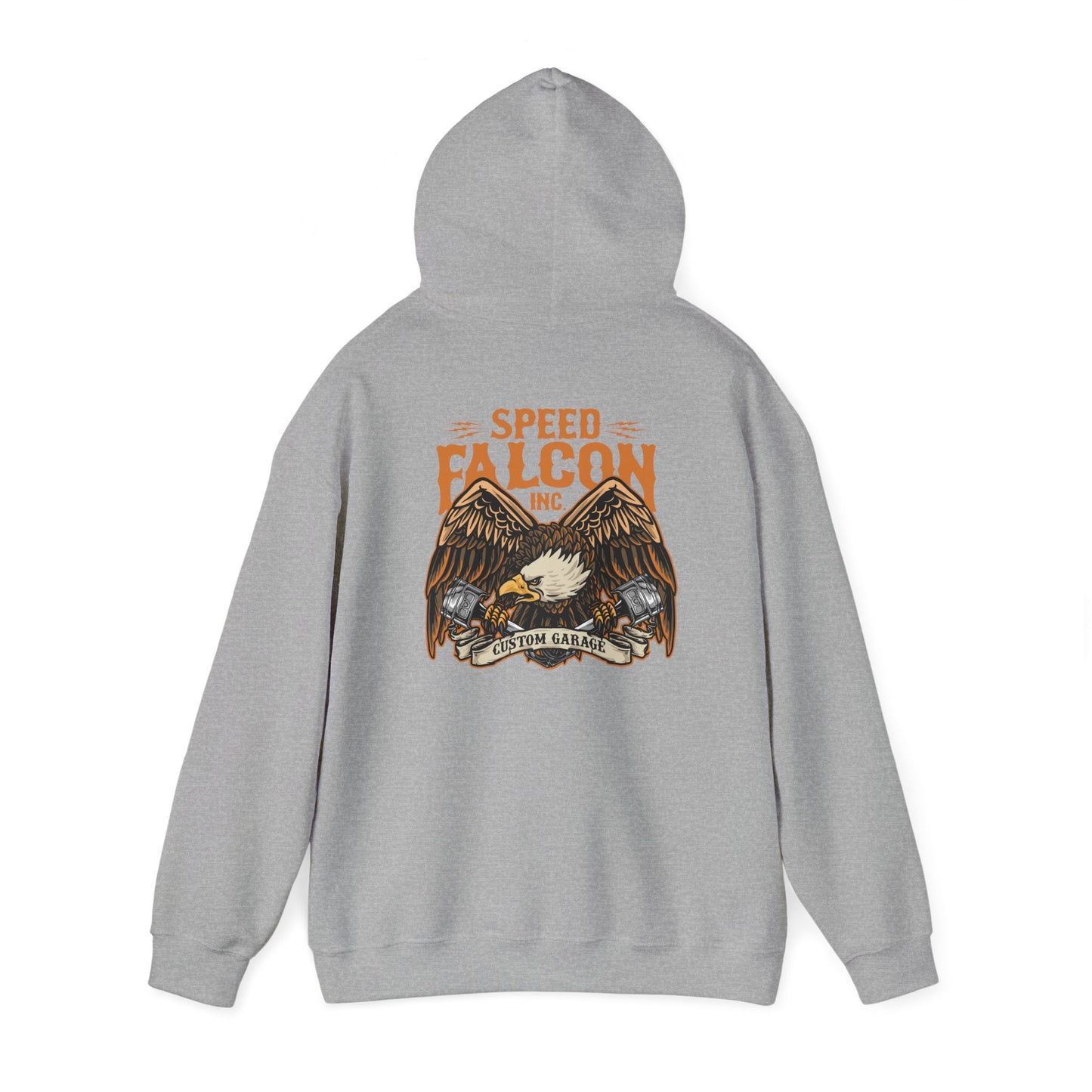 Sophisticated grey hoodie displaying the captivating eagle graphic and 'SPEED FALCON INC.', designed for stylish individuals who value luxury and performance.
