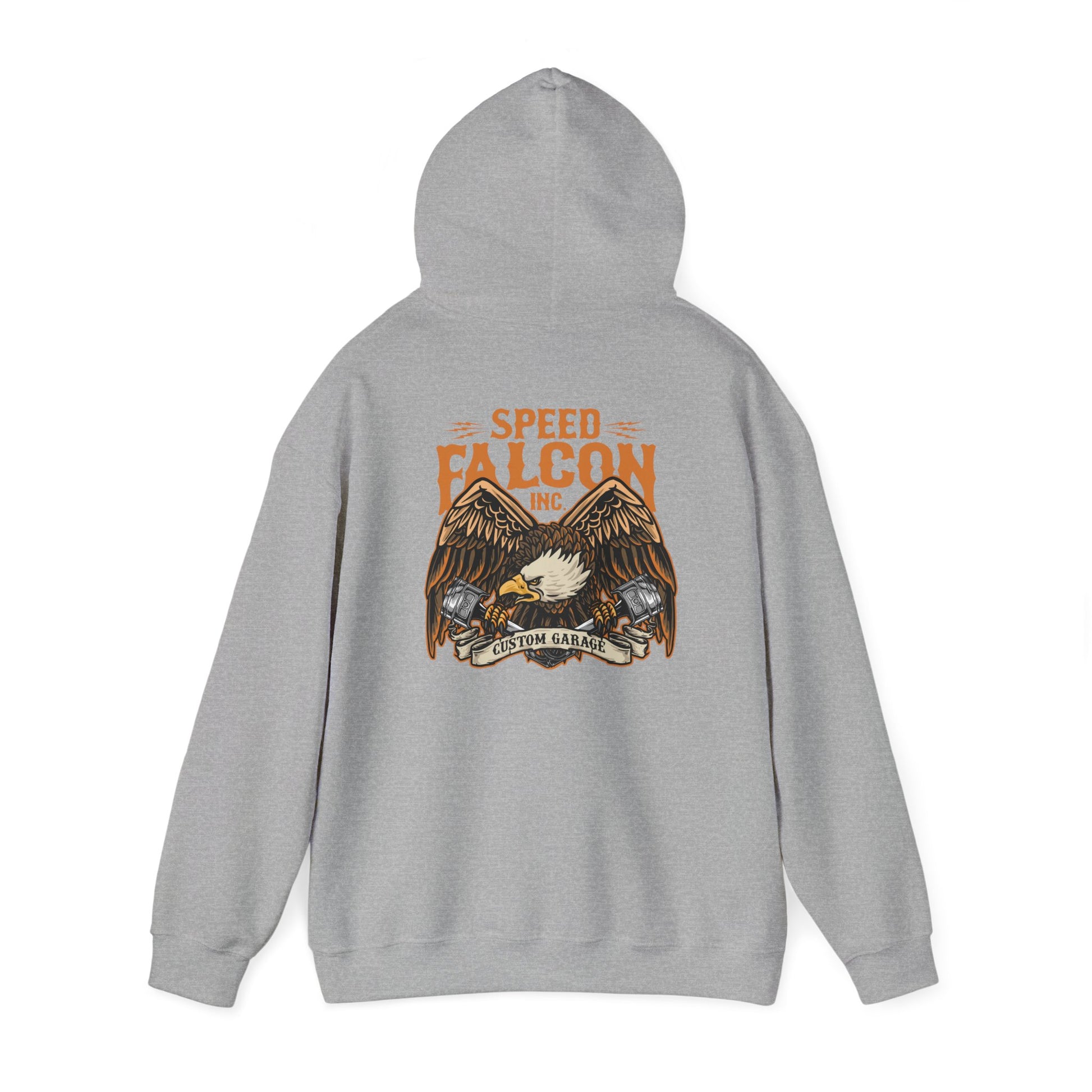 Sophisticated grey hoodie displaying the captivating eagle graphic and 'SPEED FALCON INC.', designed for stylish individuals who value luxury and performance.