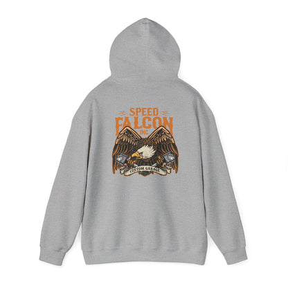 Sophisticated grey hoodie displaying the captivating eagle graphic and 'SPEED FALCON INC.', designed for stylish individuals who value luxury and performance.